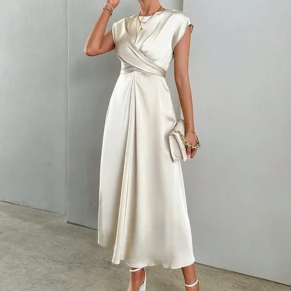 Apricot Casual Womens Solid Criss Cross Front Satin A-line Dress - Picture 4 of 5